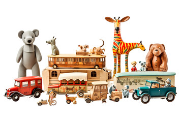 collection of vintage toys isolated on white background. Generative AI.