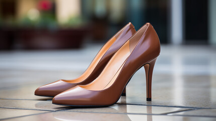 Close up of elegant brown high heels Detail - obrazy, fototapety, plakaty