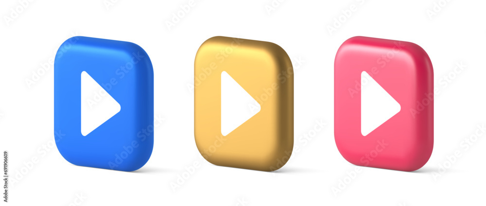Poster play button triangle right arrow multimedia content player web app design 3d realistic icon