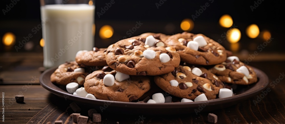 Poster chocolate chip and marshmallow dark chocolate cookies served with milk. copy space image. place for 