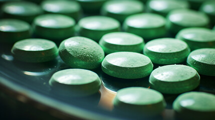 Close up of green ecstasy pills or tablets - obrazy, fototapety, plakaty