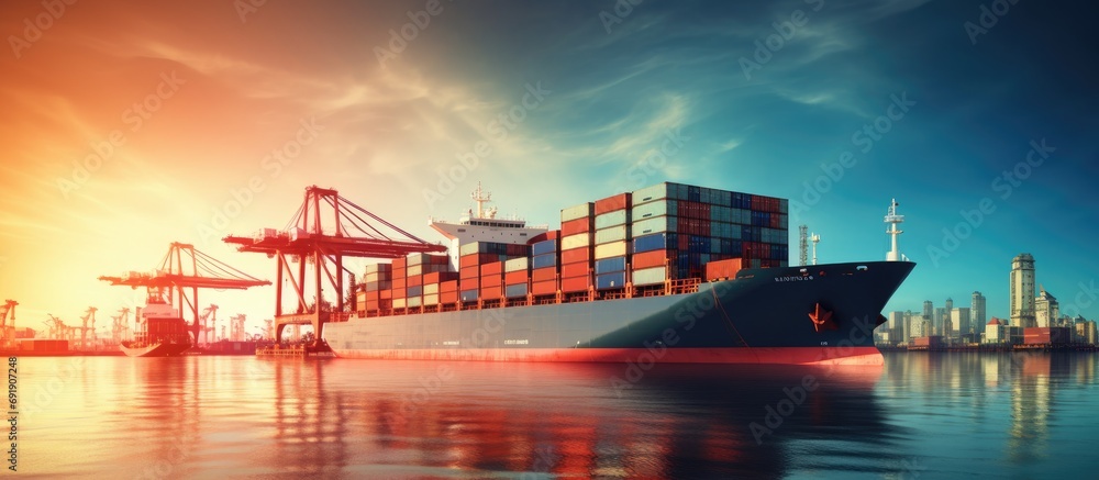Poster containers cargo ship at industrial import export port global transportation and important and effic