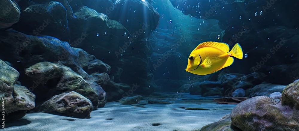 Poster a yellow tang zebrasoma flavescens is searching for food between rocks. copy space image. place for 