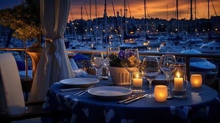 terrasse de restaurant gastronomique dans un port de plaisance au bord de l'eau le soir avant le...