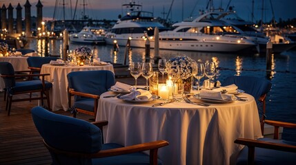 terrasse de restaurant gastronomique dans un port de plaisance au bord de l'eau le soir avant le début du service
