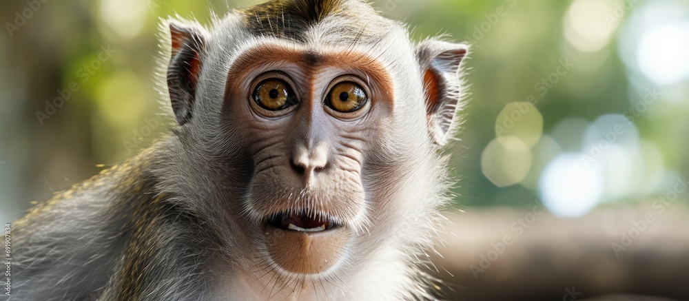 Poster a close up picture of a balinese monkey with a serious face that looks the other way creating a very