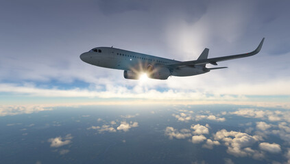 Commercial airplane jet Airbus a320 neo flying over the clouds.