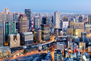 Japan. Kansai. Osaka. The business financial district at dusk - Powered by Adobe