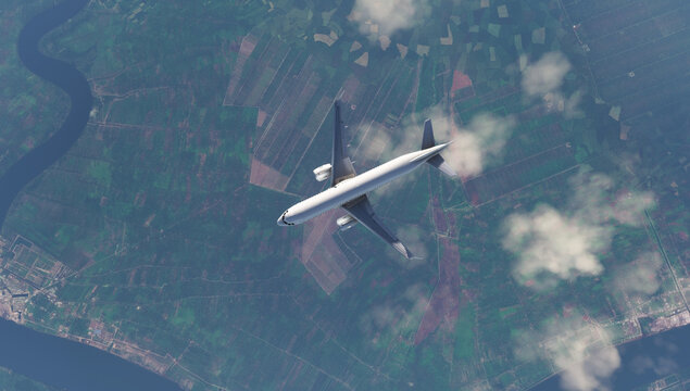 Commercial airplane jet Airbus a320 neo flying over the clouds.