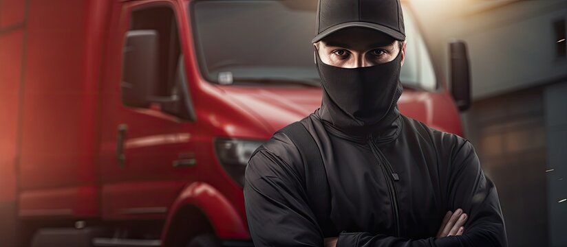 Black courier man delivering package in front of cargo truck wearing safety mask Focus on face. Copy space image. Place for adding text
