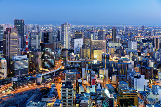 Japan. Kansai. Osaka. The business financial district at dusk