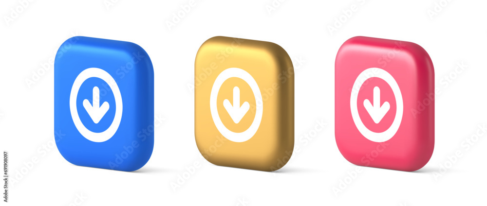 Poster down arrow circle frame button web interface pointer navigation app 3d realistic icon
