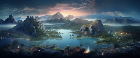 the world of warcraft, a fantasy world with mountains and water