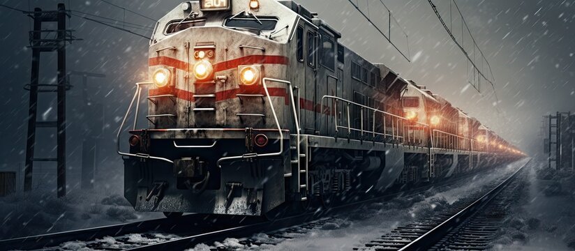 A powerful dual system electric locomotive pulls a long freight train to the railway station Snowstorm Intermodal freight railway transportation of goods. Copy space image. Place for adding text