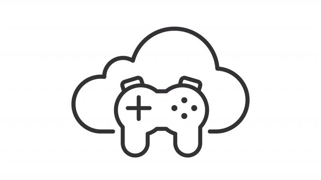 2D black creative thin line animation of cloud gaming icon, HD video with transparent background, seamless loop 4K video representing cloud computing.