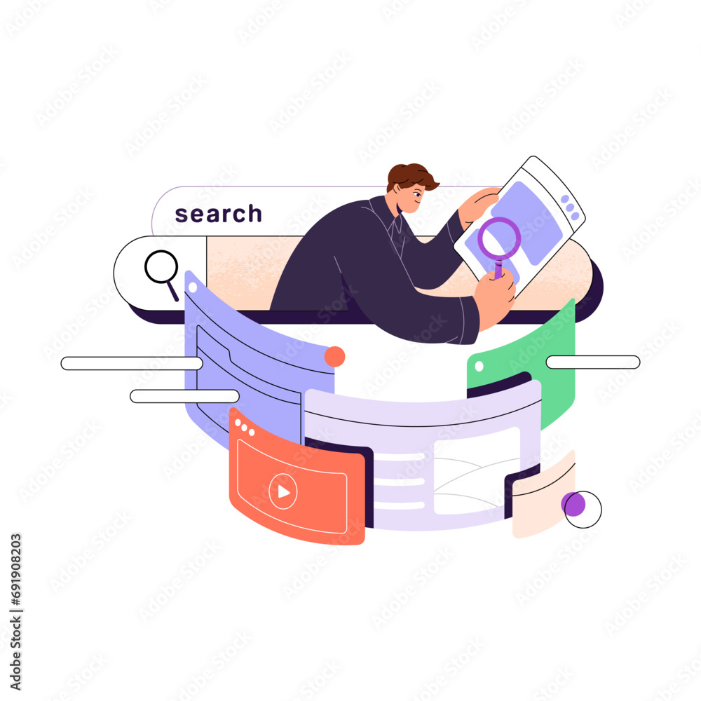 Poster internet research concept. user explore information on website page. people search online content in