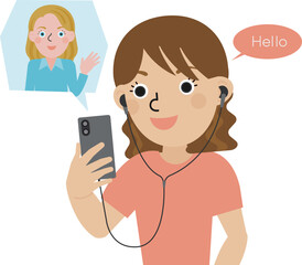 スマートフォンでオンライン英会話をしている有線イヤホンを着用した茶髪の日本人女性の斜め正面画