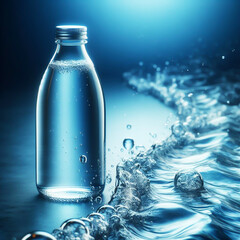 Mineral water in transparent bottle on blue background. World Water Day. Generated AI