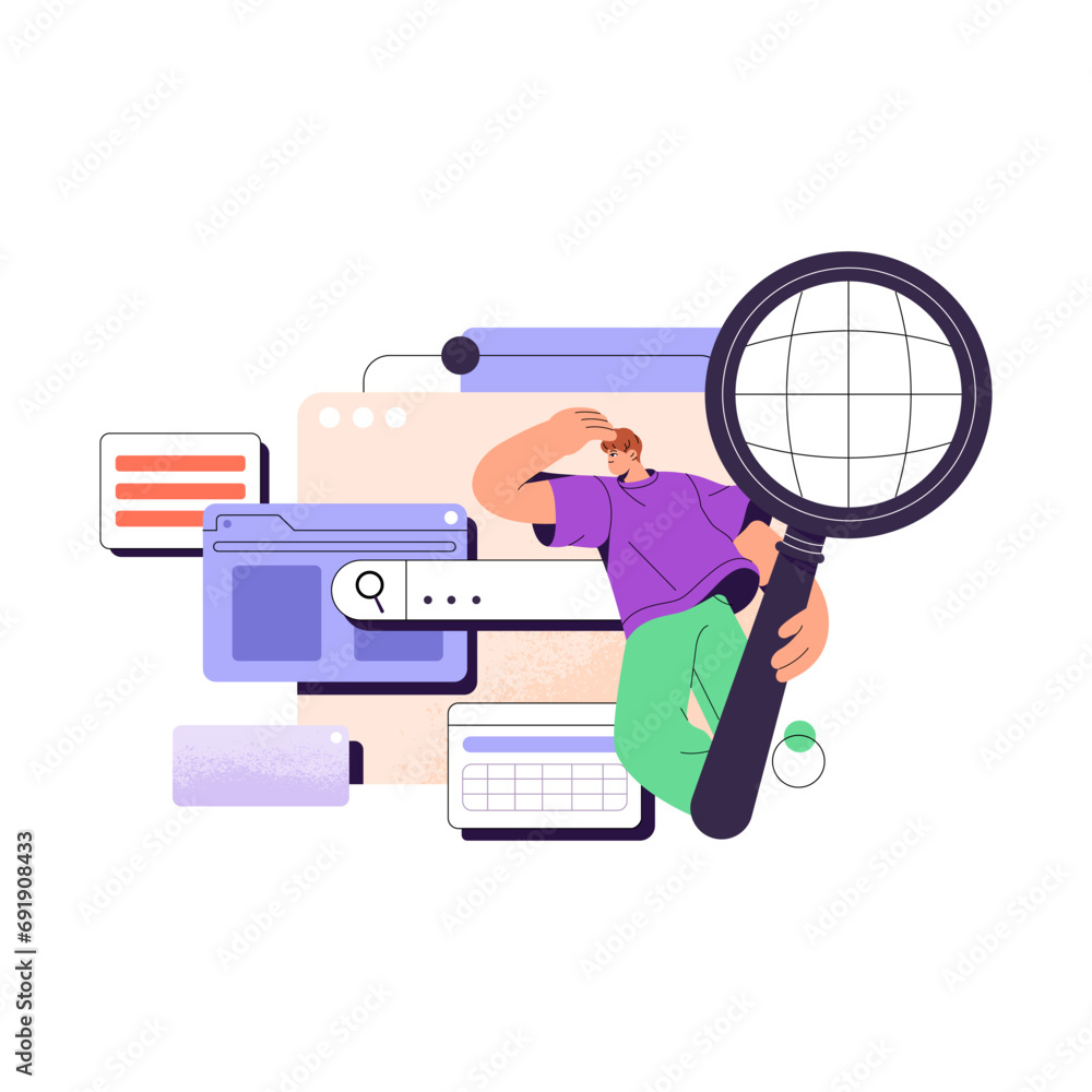 Poster people using search engine, string to find information. user explore online content in internet brow