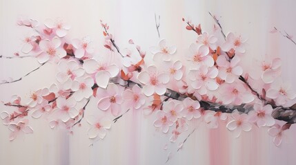 the fragility of cherry blossoms delicately placed on a pristine white canvas, their pale pink blooms symbolizing the fleeting nature of life, creating a poetic and introspective floral art piece.