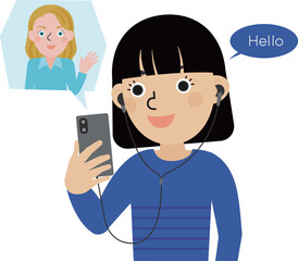 スマートフォンでオンライン英会話をしている有線イヤホンを着用した黒髪の日本人女性の斜め正面画