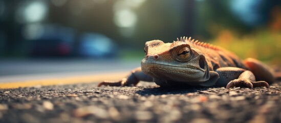 a lizard lies sleeping on the warm asphalt of a road. Copy space image. Place for adding text