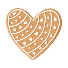 Realistic christmas gingerbread cookie in form of heart, romantic love concept, happy valentine day, vintage hand drawn winter line decor, vector illustration