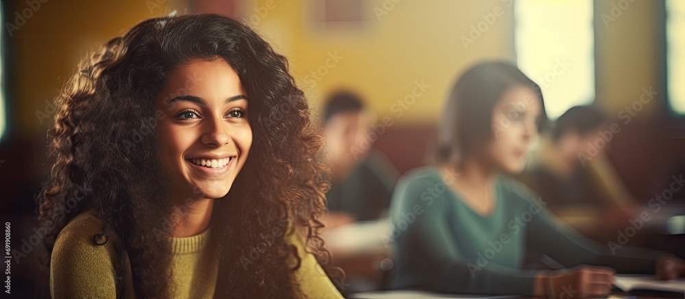 Poster concentrated student studying and taking notes in a notebook sitting in lecture during lesson smilin