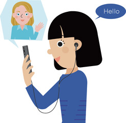 スマートフォンでオンライン英会話をしている有線イヤホンを着用した黒髪の日本人女性の横顔