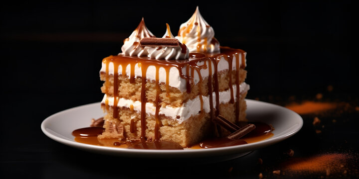 A cake with icing and a chocolate sauce on it Banoffee pie with caramel sauce stock phot a cake on white plate with dark black background Ai Generative