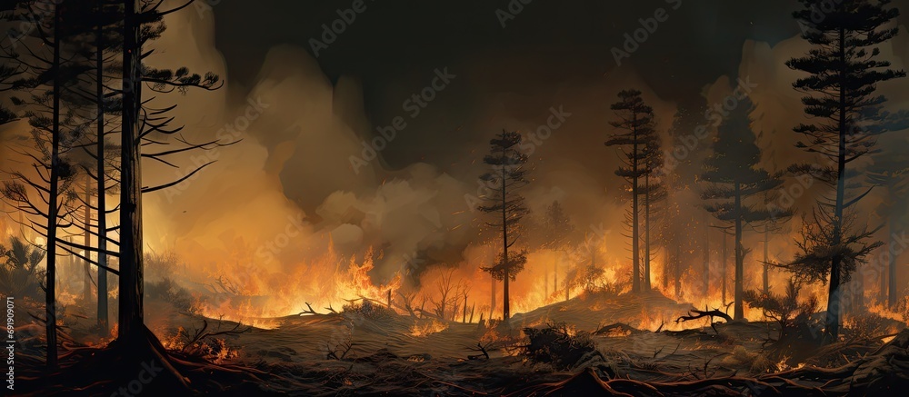 Poster a wildfire in forest due to continuous dry weather in summer. copy space image. place for adding tex