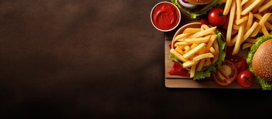 Club sandwich potato fries chips and glass of cola drink with ice Fast food take away Top view....