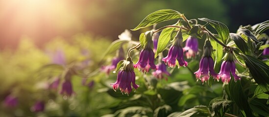Comfrey pink flowers growing in summer garden Purple Symphytum officinale perennial flowering plants grow in spring green meadow Fresh wildflowers cultivated Comfrey blooming close up pastel co - obrazy, fototapety, plakaty