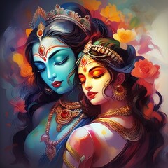 Shree Krishna and Radha illustration, Generative AI