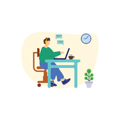Working at home vector flat style illustration. Online career. Co-working space illustration. Young woman freelancers working on laptop or computer at home. Developer at home in quarantine