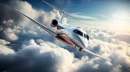 Private airplane jet flying in the sky.
