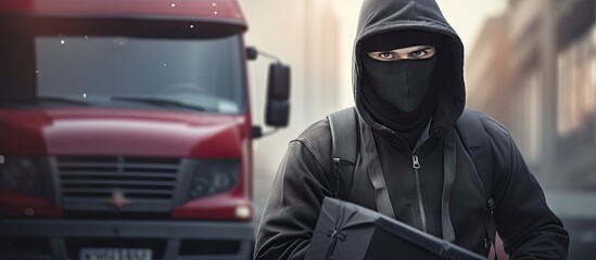 Black courier man delivering package in front of cargo truck wearing safety mask Focus on face....