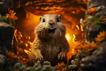 A smiling groundhog comes out of the cave on Groundhog Day to announce spring - obrazy, fototapety, plakaty