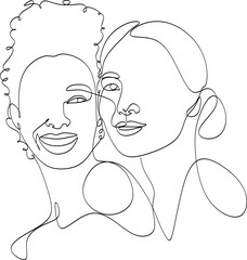 Hand drawn line illustration of LGBT couple girls. Line illustration of lesbian couples. Happy together. Love print.