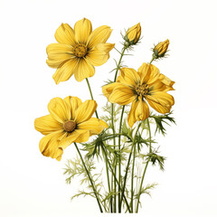 Yellow cosmos flowers on white background