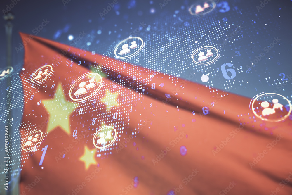 Aufkleber double exposure of social network icons interface and world map on flag of china and blue sky backgr