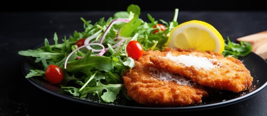 A closeup shot of fried veal cutlet Milanese with lemon and salad. Copy space image. Place for adding text - obrazy, fototapety, plakaty