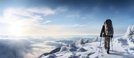 A lone hiker in warm clothes in the cold winter walks on the frozen mountain on sunny day with clear blue sky and strong wind sun behind the hiker Czech republic Krkonose. Copy space image - obrazy, fototapety, plakaty