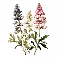Bouquet of multicolored lupins on white background