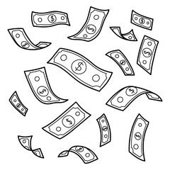 Dollars are in the air. Paper bills fly, levitation. Black and white vector illustration, background, icon, coloring page.