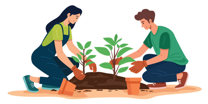 Young couple planting a tree