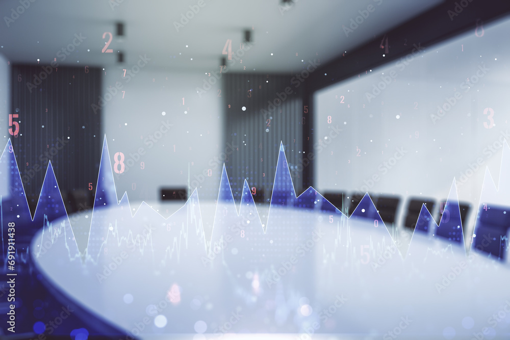 Poster abstract virtual analytics data spreadsheet on a modern coworking room background, analytics and ana