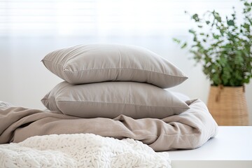 A stack of light pillows in a modern, comfortable room with beige accents, creating a cozy and stylish home atmosphere.