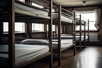 A contemporary dorm interior with stacked bunk beds, inviting rest and relaxation for travelers or students. - obrazy, fototapety, plakaty