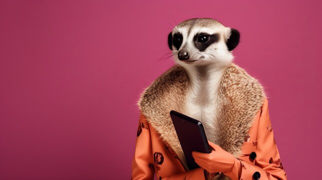 Stylishly dressed meerkat with computer in his hands. Animal Fashion photography for fashion magazine and advertising.